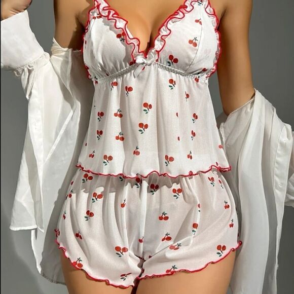 Cherry Print Lettuce Trim Cami Top and Shorts Pajama Set - Picture 7 of 8